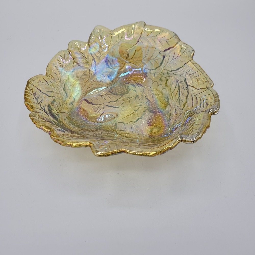 VTG Carnival Glass Irredescent Gold Blackberry Leaf Nut Candy Dish Bowl